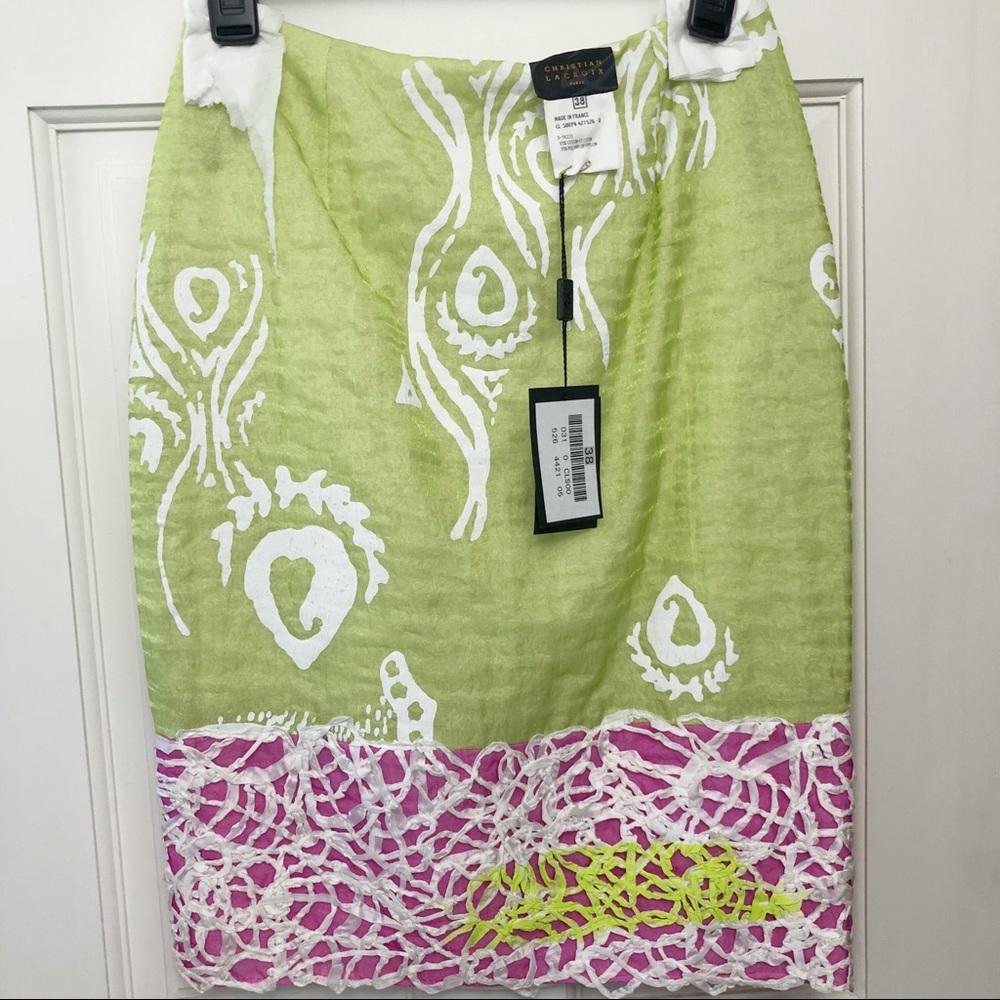 Christian Lacroix Paris Couture Skirt Green Pink White Party Office NWT Sz 6